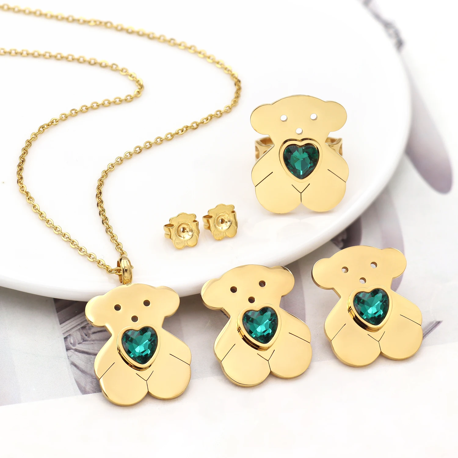 Joyas De Acero Inoxidable Heart Hollow Full Stone Cubic Zircon Crystal Stainless Steel Bear Jewelry Set For Woman