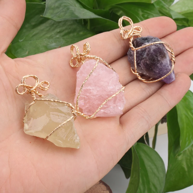 Natural Raw Crystal Rose Quartz Amethyst Silk Pendant Sweater Chain