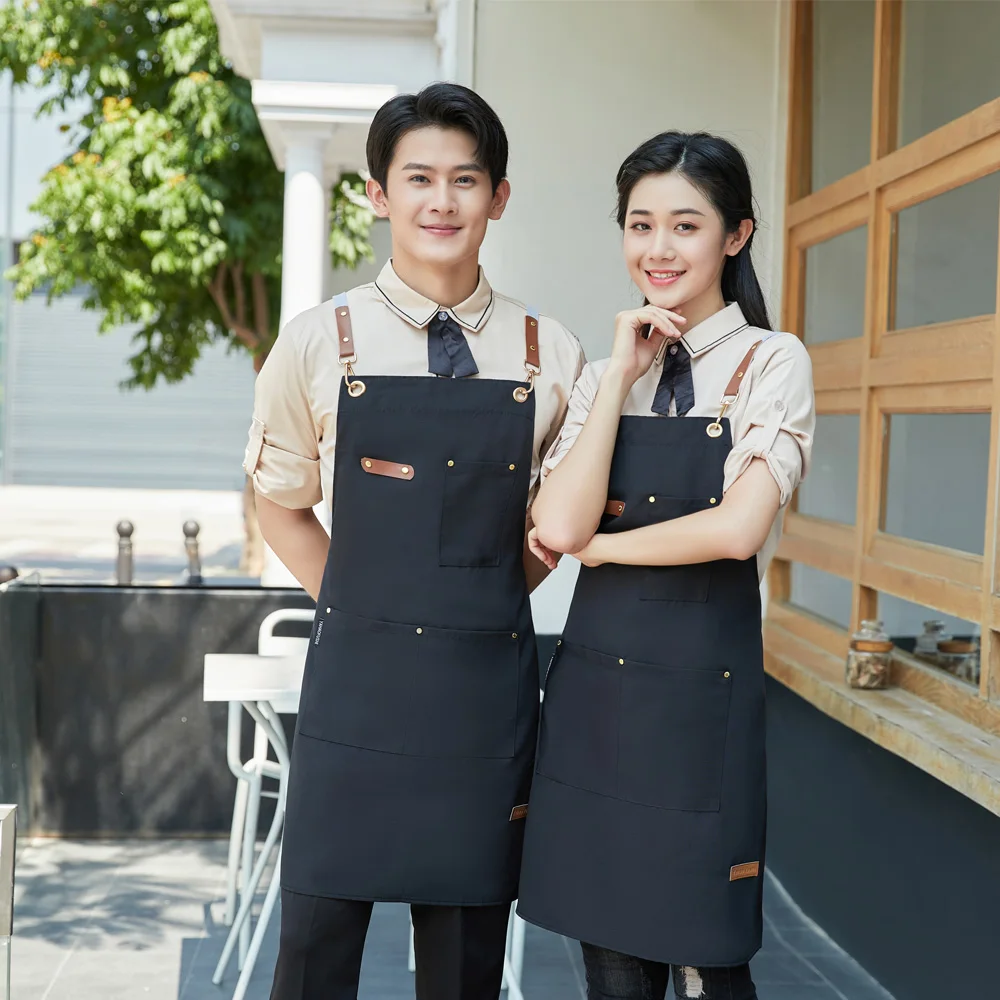 Custom Cotton Blue Barber Professional Jean Denim Canvas Chef Kitchen Apron Woman With Pockets