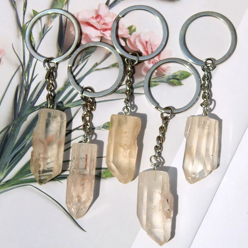 Wholesale Price Natural Gemstone Crystal Key Chain Healing Stone Rough Rock Quartz Crystal Point Keychain For Gift
