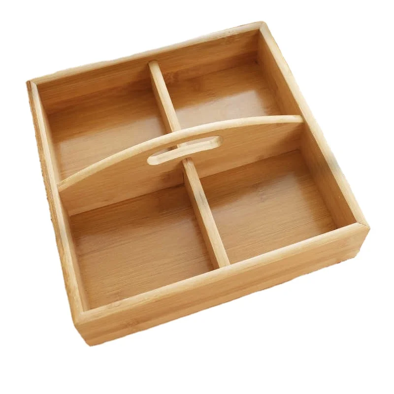 Custom Snack Organizer Dispenser Bamboo Sectional Storage Platter Wooden Snack Dry Fruit Table Tray