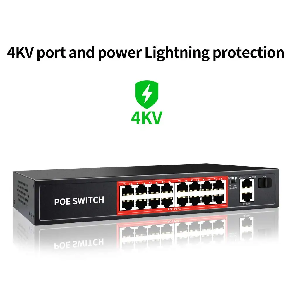  Коммутатор PoE OEM/ODM с 16 портами POE + 2 гигабитными исходящими чернилами 1x1G SFP 802.3af/at 240 Вт увеличивается до 250