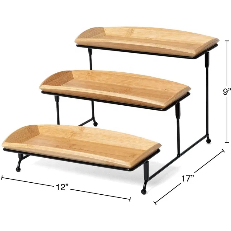 Natural Kitchen New Design Wooden 3 Tier Bamboo Serving Food Trays with Tiered Metal Stand