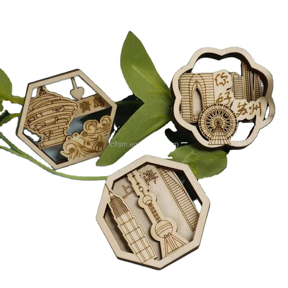 Cultural and creative large wooden fridge magnets featuring iconic urban architectural design