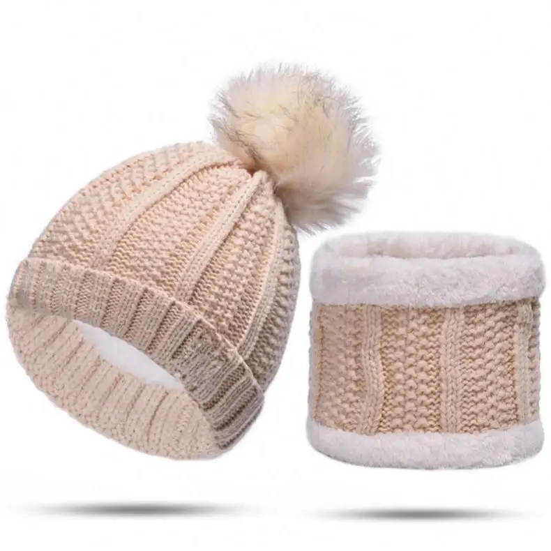 Fashion Winter Hat Scarf Set For Women Girl Warm Beanies Hat For Girl Ring Scarf Pompoms Winter Hats Knitted Caps Scarf