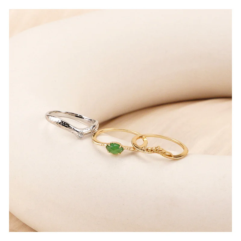 925 Sterling Silver 14K Gold Plated Gemstones Christmas Vintage Leaf Carving Natural Green Chalcedony Ring