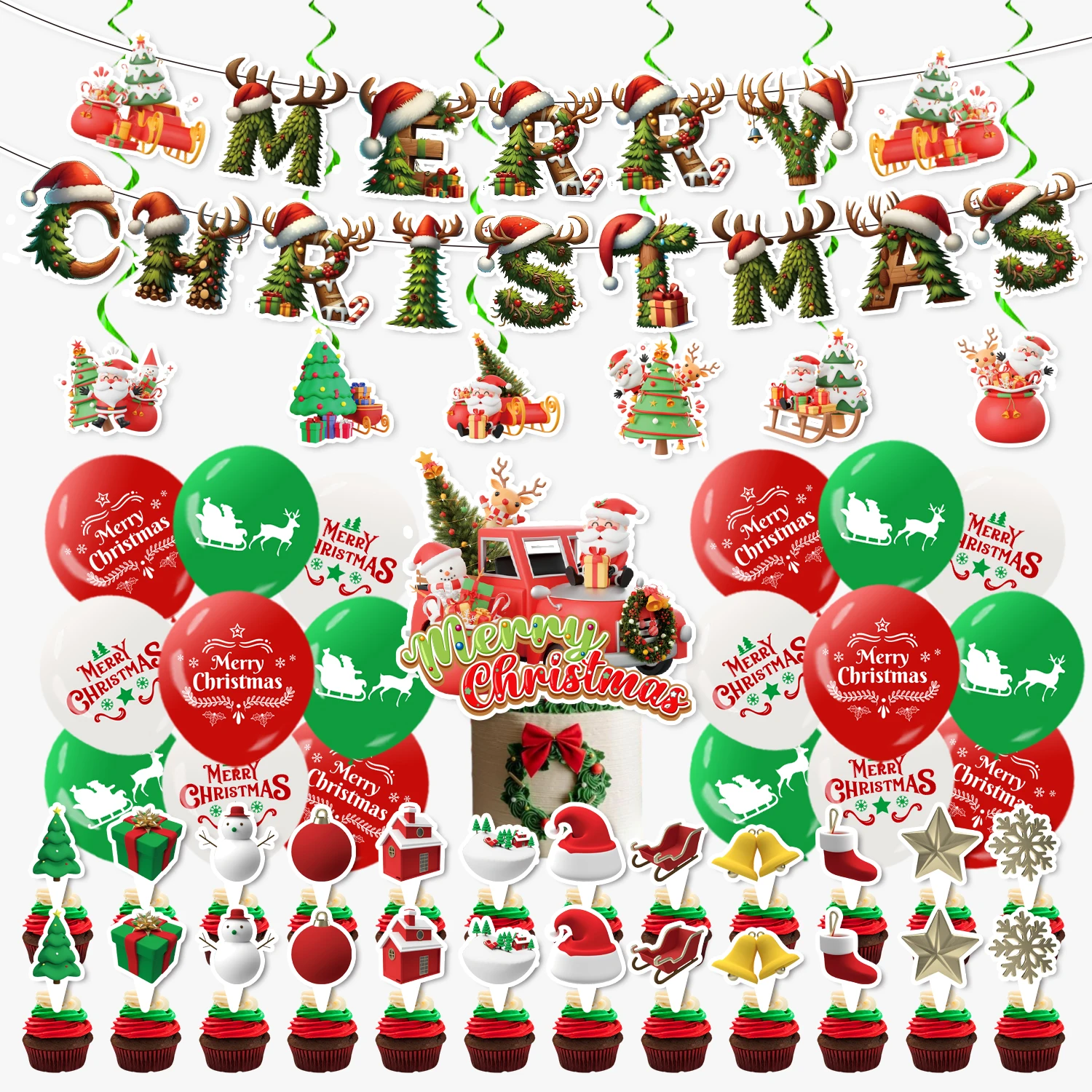 New Arrival Merry Christmas Santa Snowman Flag Banner Cake Toppers Latex Balloon Bouquet For Christmas Party Decoration Supplier