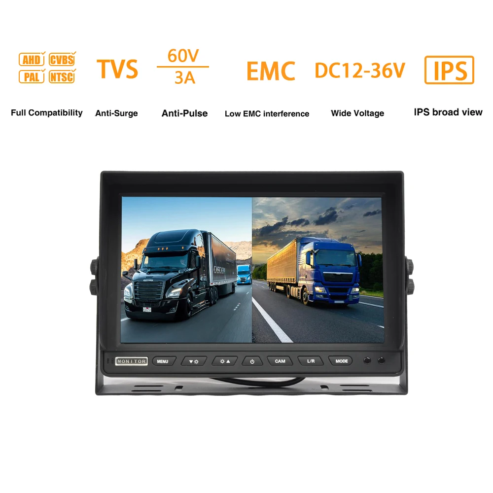 PJAUTO 10.1 Inch High Brightness Truck Tractor Split Quad View AHD Heavy Duty Monitor Wide Screen