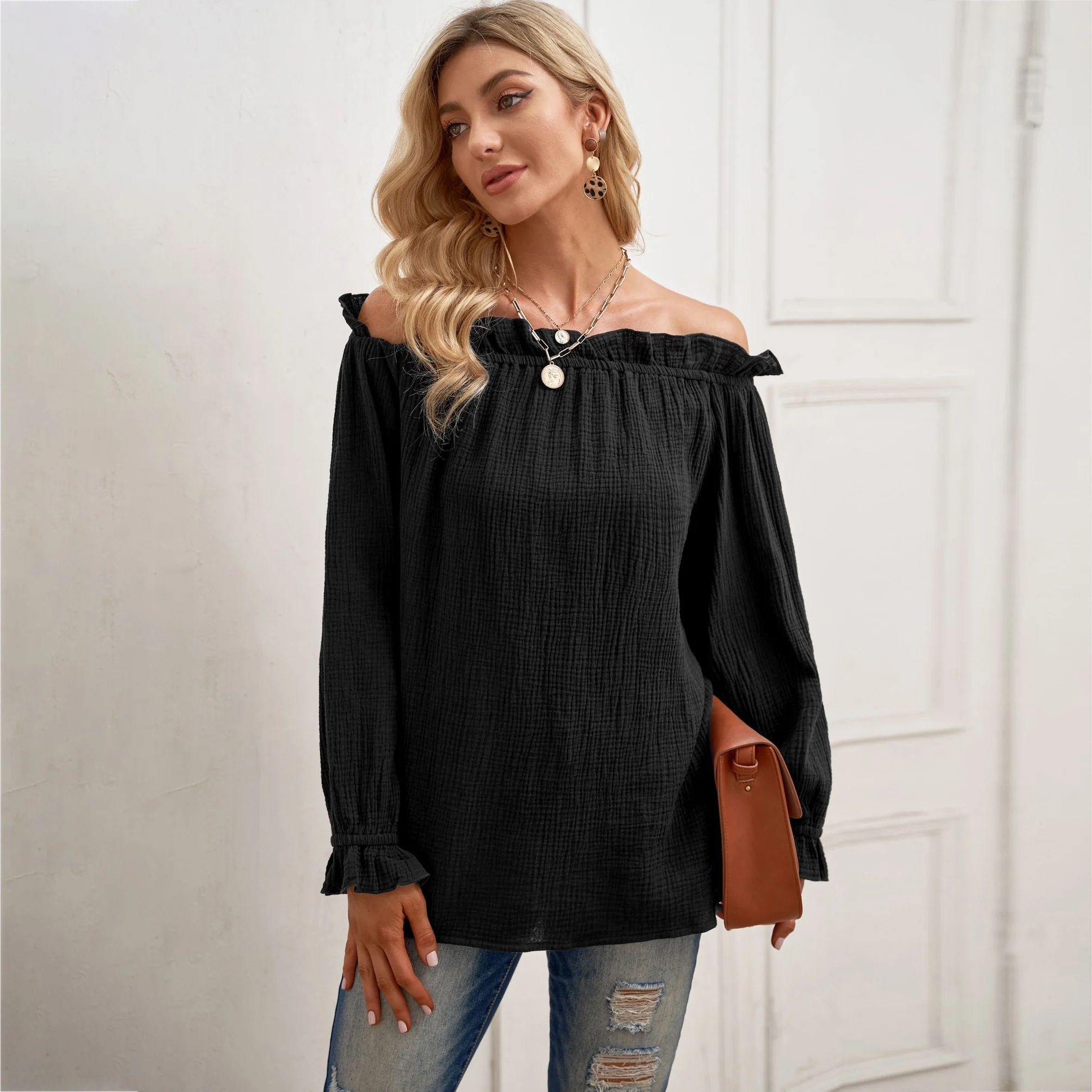 Private Label High Quality Long Sleeve Female Black Off Shoulder Designer Ladies Tops Blouses Elegant Women