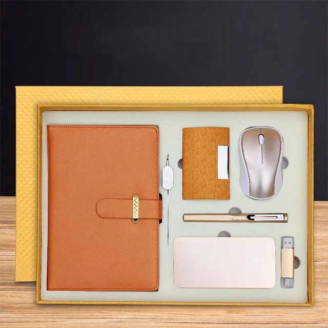 Business Corporate 7 sets gift box pen & usb flash drive & with wireless mouse power & bank and puleather diary notebook