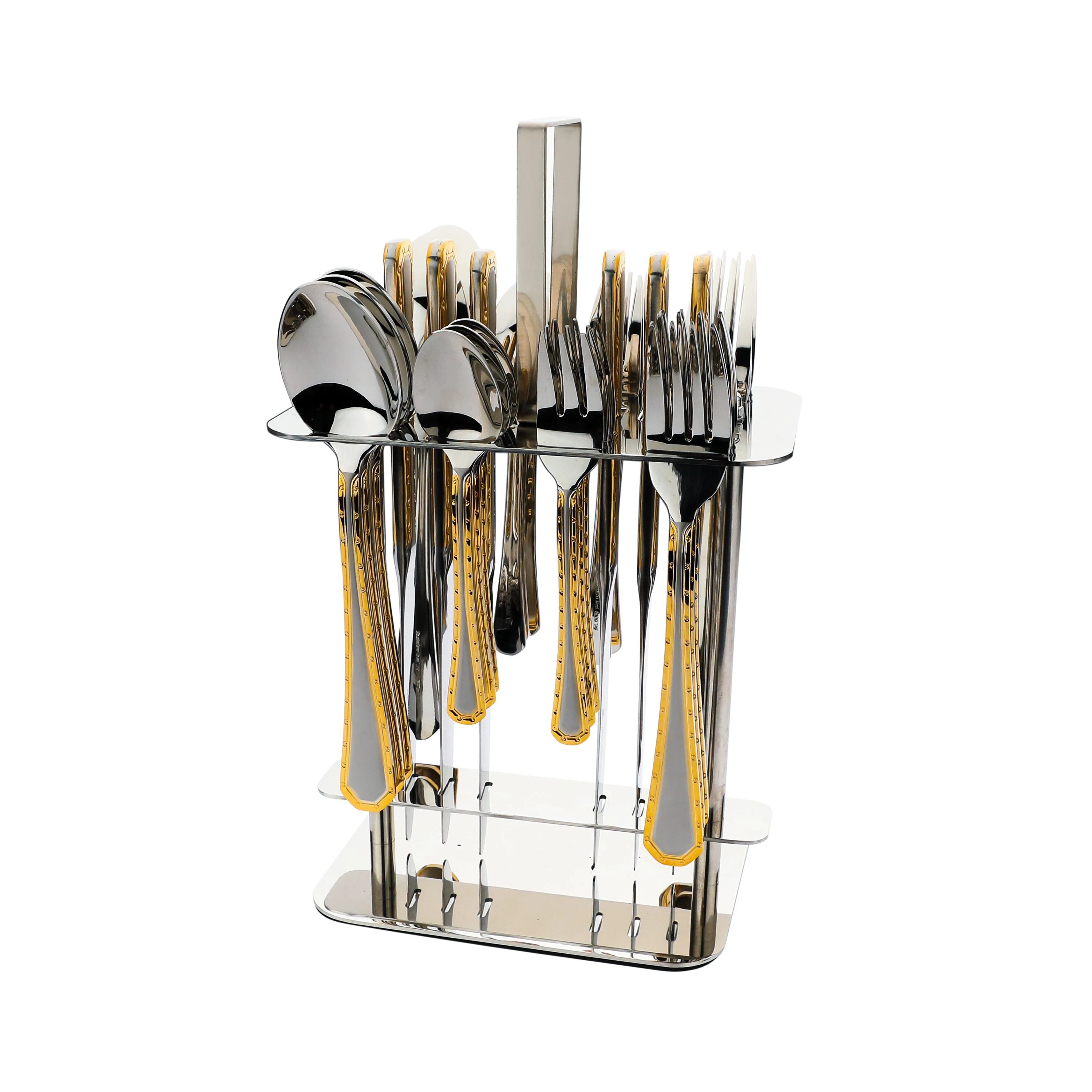 Gold flatware set 30pcs stainless steel cutlery set spoon and fork with metal stand holder in cutlery box
