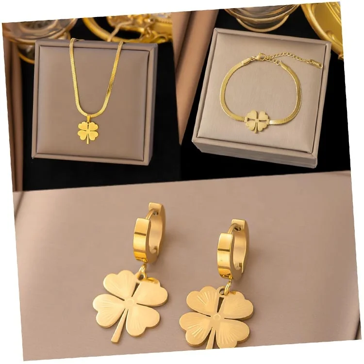 Wholesale 2024 New Arrival Stainless Steel Non fading Waterproof Lucky Four Leaf Clover Jewelry Set for Women