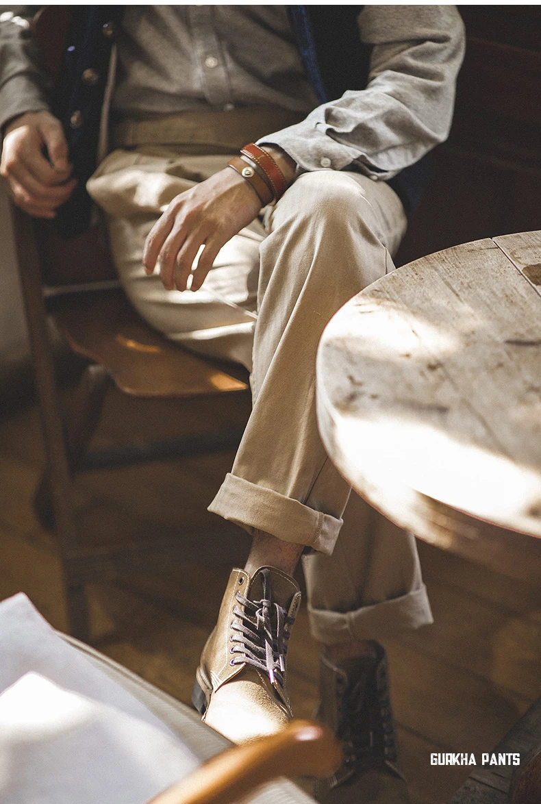 Vintage high waist Gurkha straight Naples pants casual custom embroidery logo 100% cotton khaki private label trousers