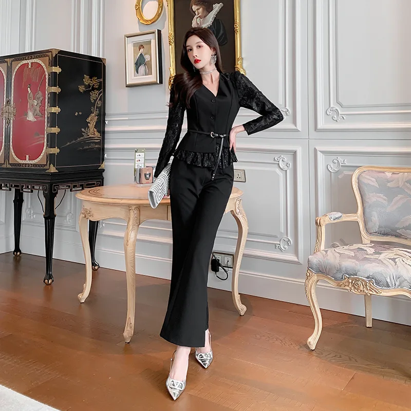 ZYHT 5236 2022 Fall New Arrivals Black Lace Patchwork Two Piece Flare Pants Suits Set for Women with Belt