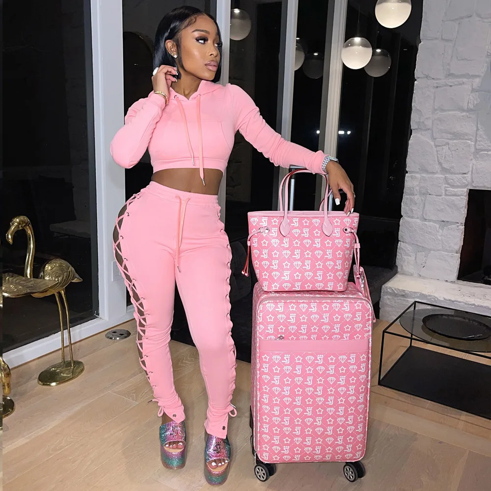 Ready to Ship Wholesale 2 Piece Set Women Sexy Crop Top Zip Hoodies Two Pants Fall Outfits Woman