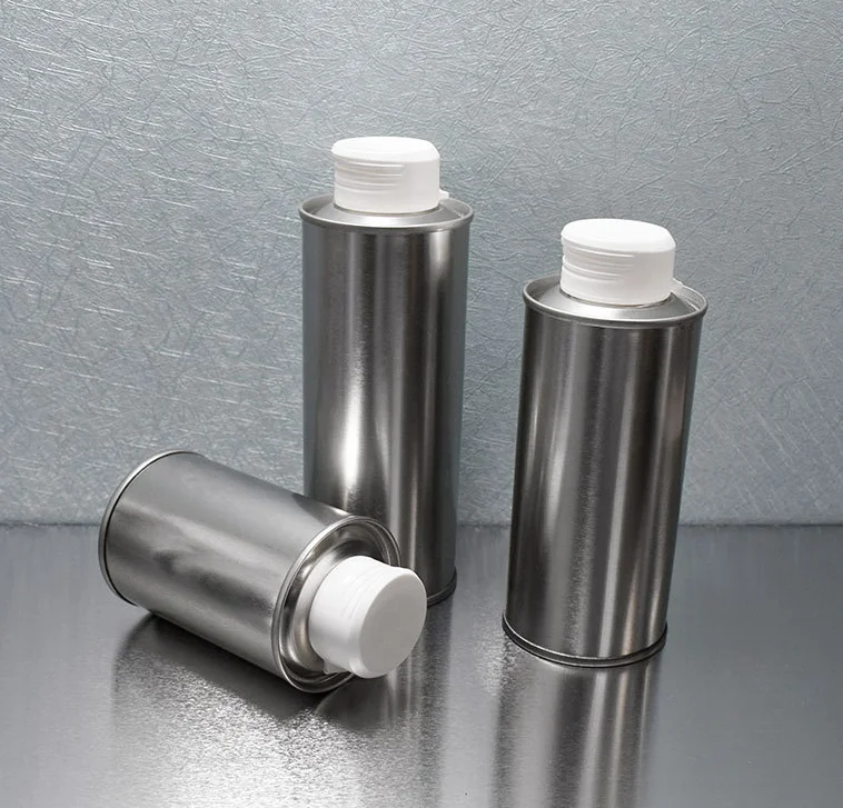 Oil Tin Olive Custom CMYK Food Grade Safe Metal Walnut Oil Can Round Oil Tin Can with Plastic Pull Cover Tinplate 500ml Baolai