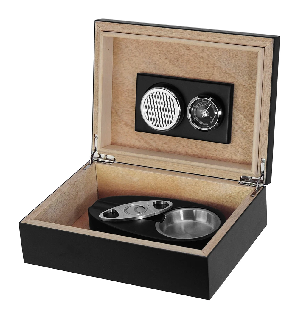 Sonny Wholesale Exquisite 12 To 20 CT Walnut Black Cigar Humidor Set With Cigar Ashtray Humidifier And Cutter