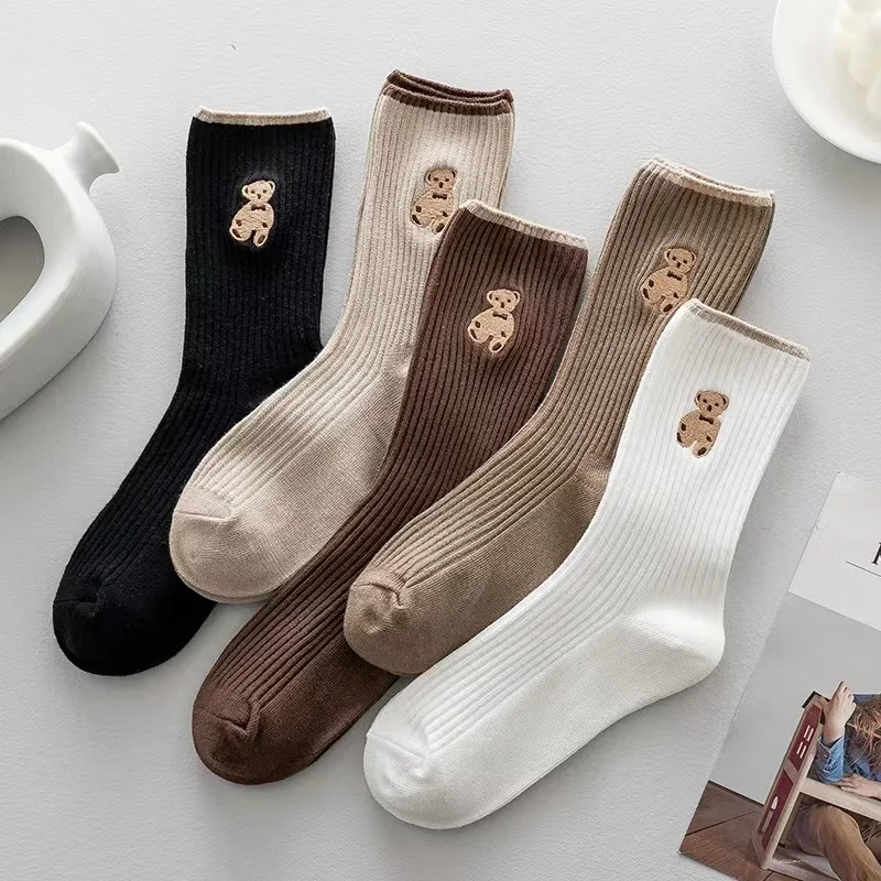 Customizable double-needle socks Teddy bear womens crew socks  Autumn and winter  coffee striped little bear Embroidered socks