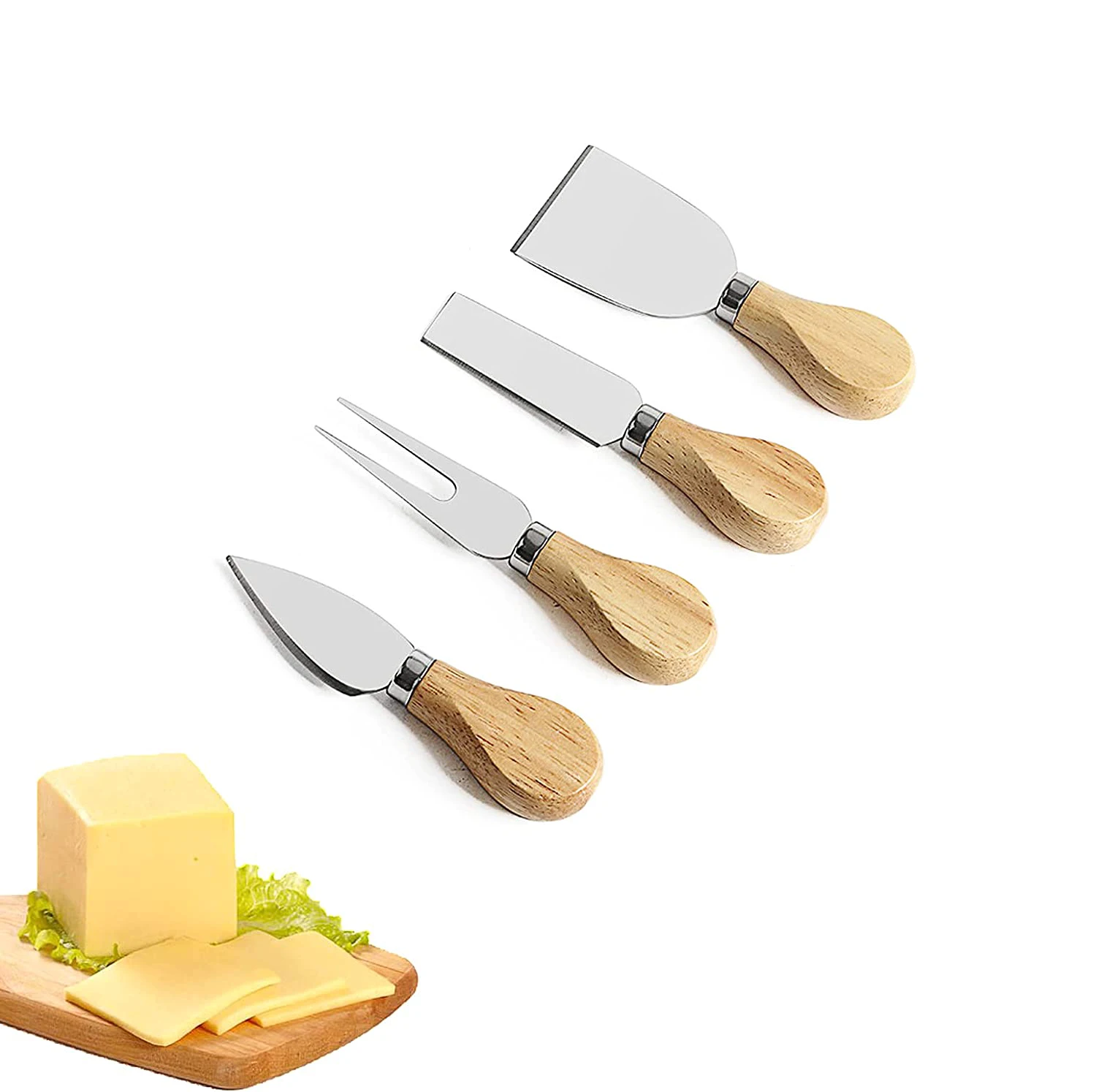 High quality 4 pieces cheese knife round wood folder cheese board set with wood handle