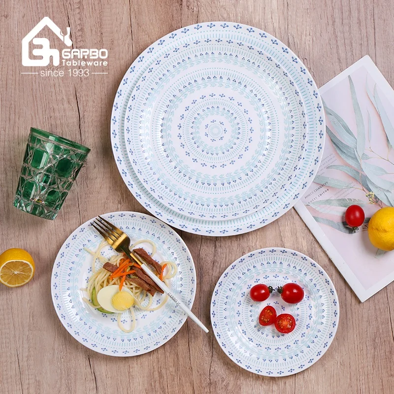 Cheap opal glassware dinner set custom 12inch opal plates set with bohemian style decal for Christmas and Wedding Festival Gift