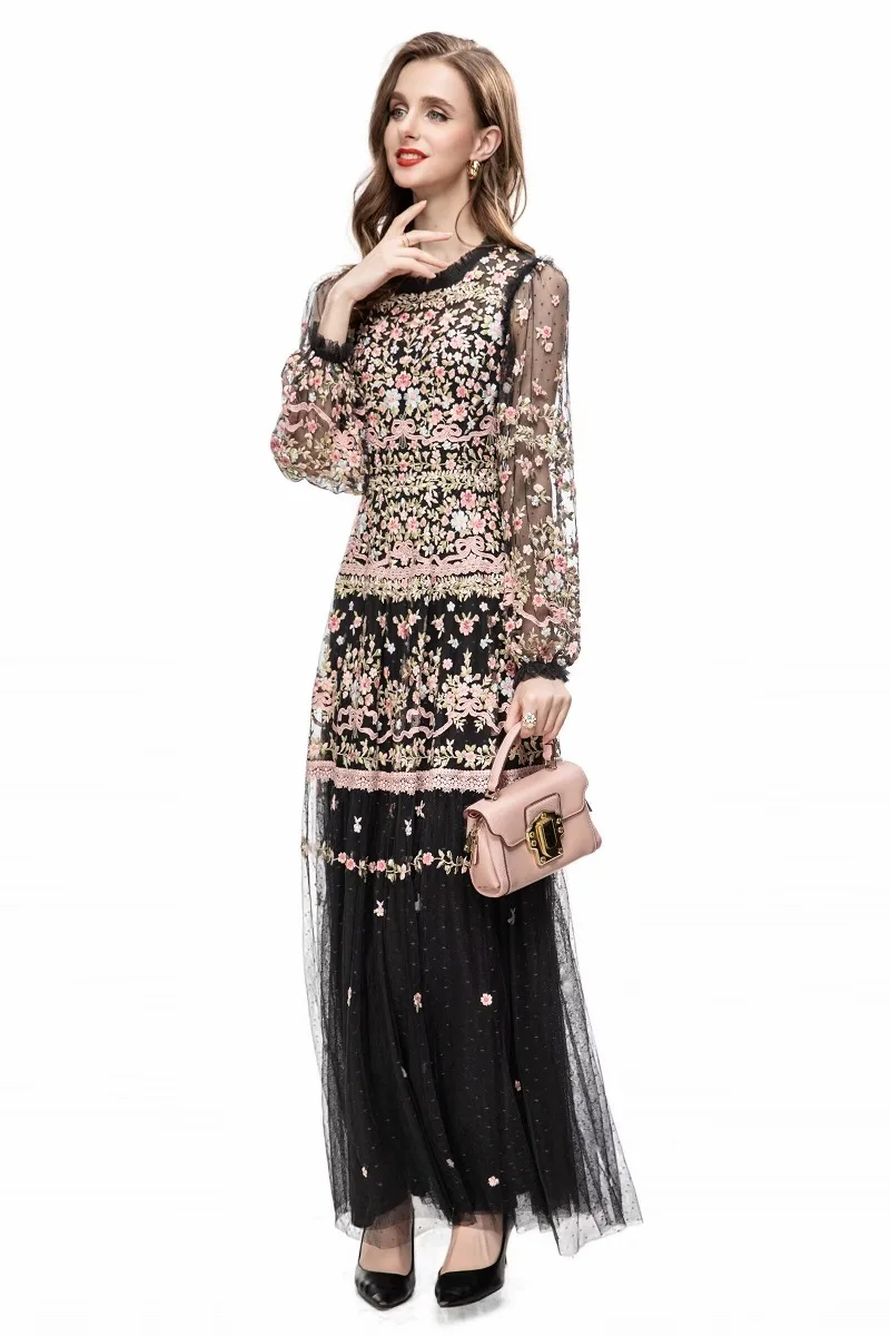 Top Quality New 2024 Spring Long Wedding Party Women Dresses Allover Luxurious Embroidery Long Sleeve Pink Black Maxi Gown Dress