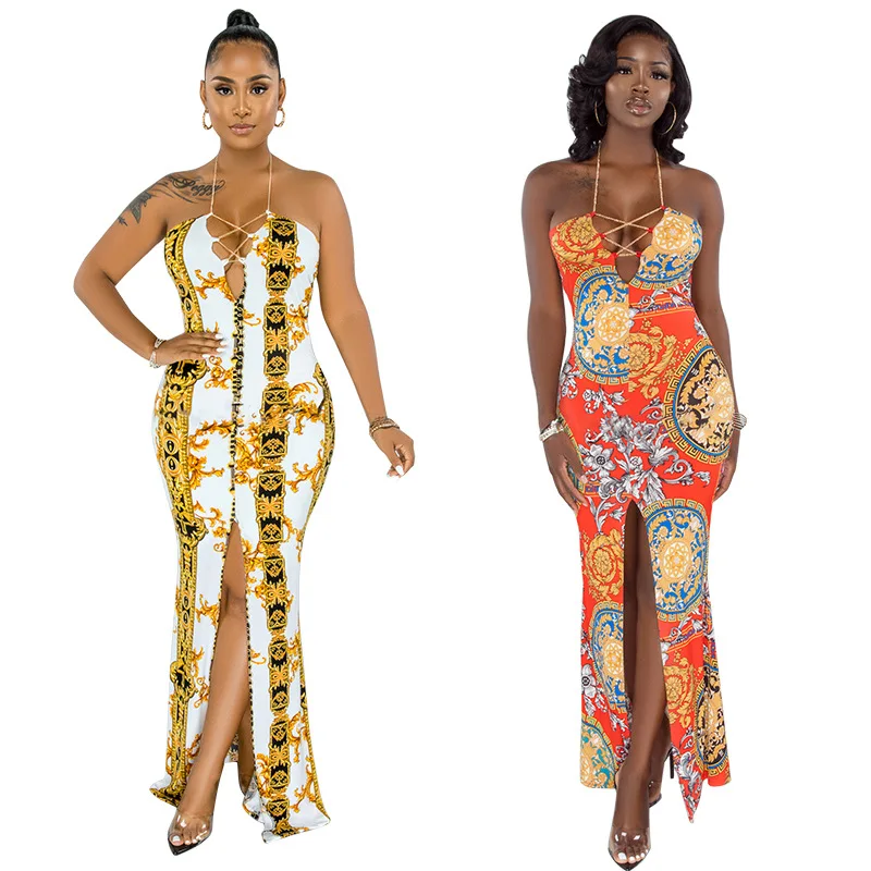 KX Chines style sexy bandage halter floral dinner evening wear dress slit open back party long formal evening dress with pattern