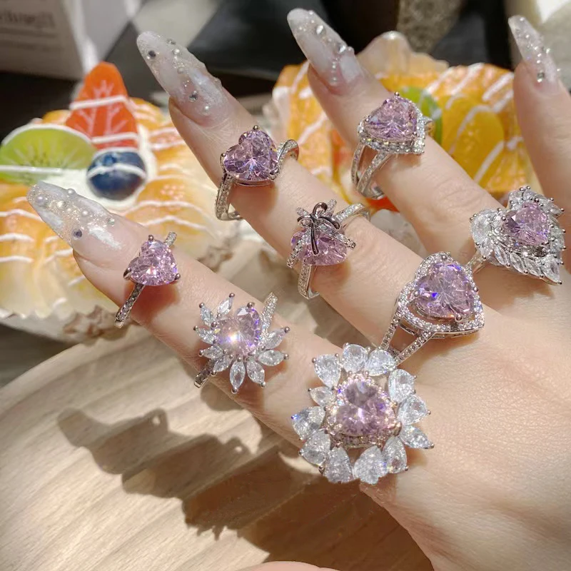 Heart ring full diamond pink love copper plated 18K gold ring fashion jewelry