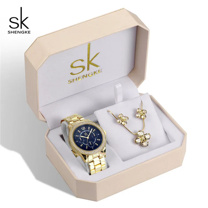 Shengke Brand 12 Styles Charm Women Jewelry Set Rose Gold Steel Quartz Watches Crystal Necklace Earring Set Ladies Fashion Gift