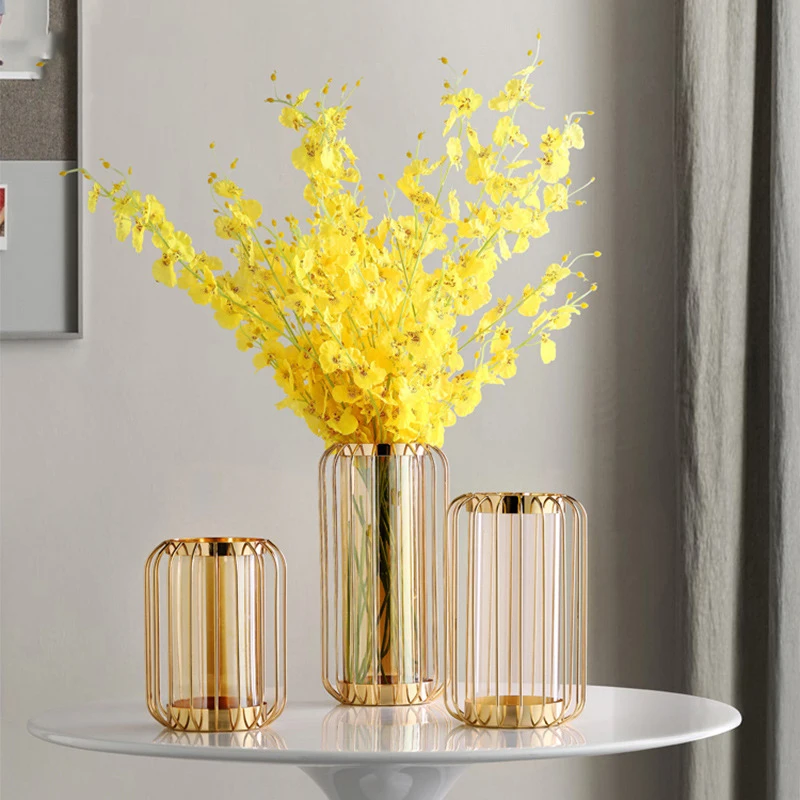 Flower Vases Tall Bud Clear Cheap Acrylic Luxury Gold Modern Metal Crystal Nordic Flower Decoration Glass Vase Decor For Home