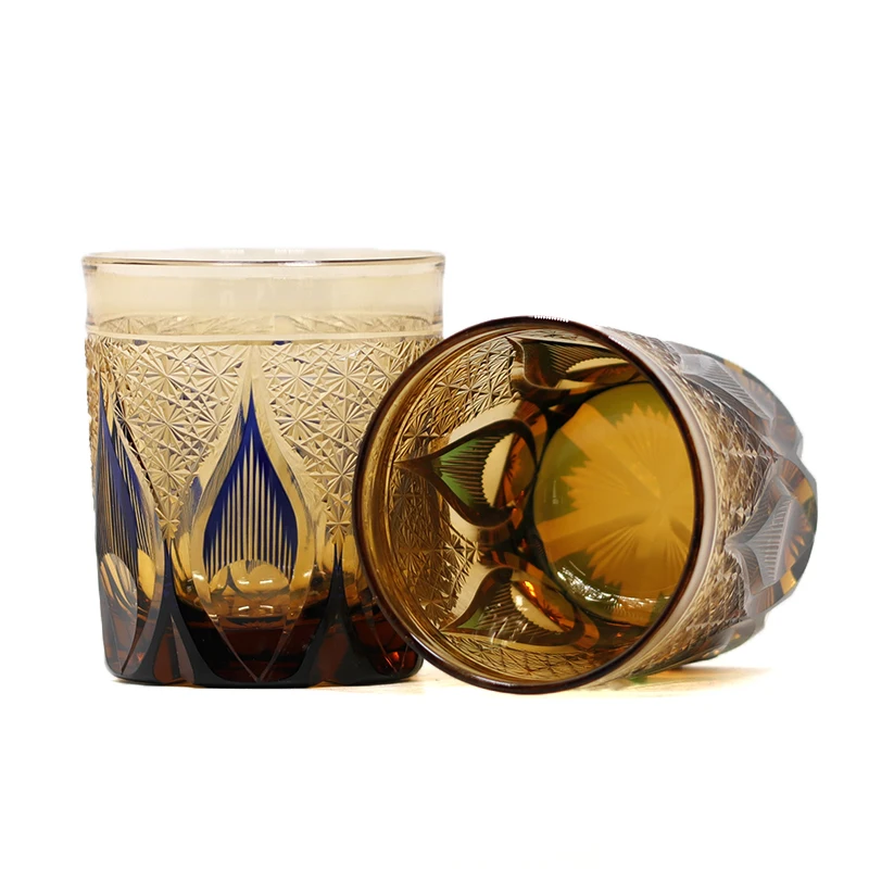 In stock Japanese Style  Hand Carved Candlelight  Pattern  250ml 8oz Drinking Glass Spirit Glass Rock Glass