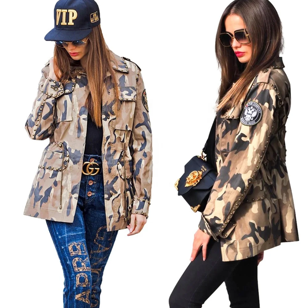 Women Fashion Military Camouflage Printed BF Coat Casual Overcoat Lightweight Studded Camo Jacket