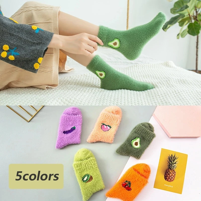 FINETOO Women Socks Mink Velvet Bedroom Thicken Cute Fruit Sleepwear Home Female Sleep Floor Warm