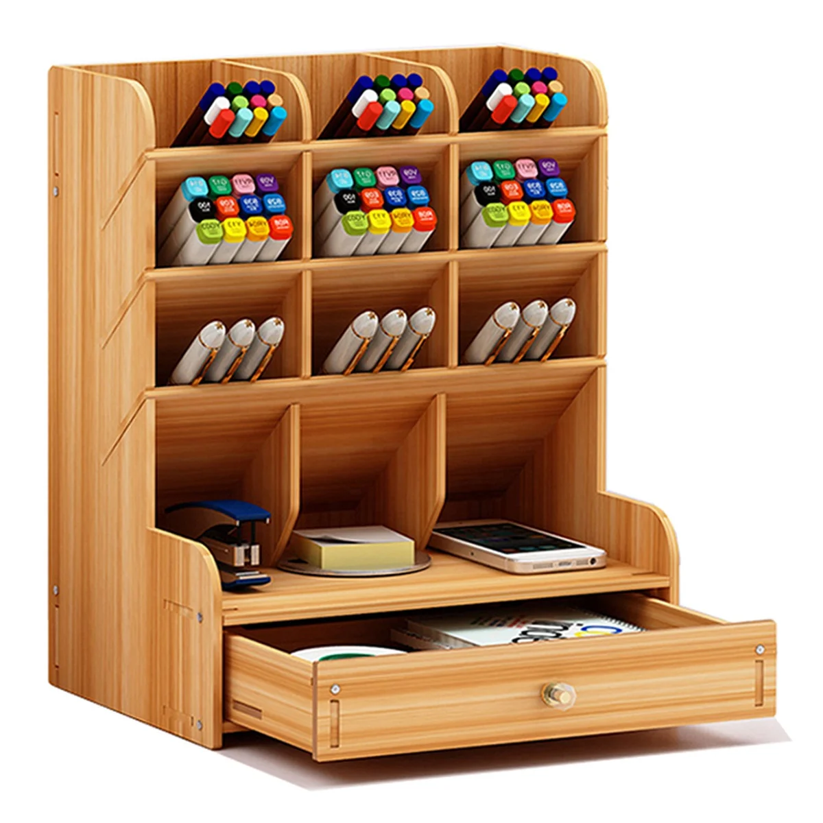 Wooden Pen Organizer Pen Holder Box Desktop Stationary Easy Assembly Home Office Art Supplies Organizer Storage With Drawer