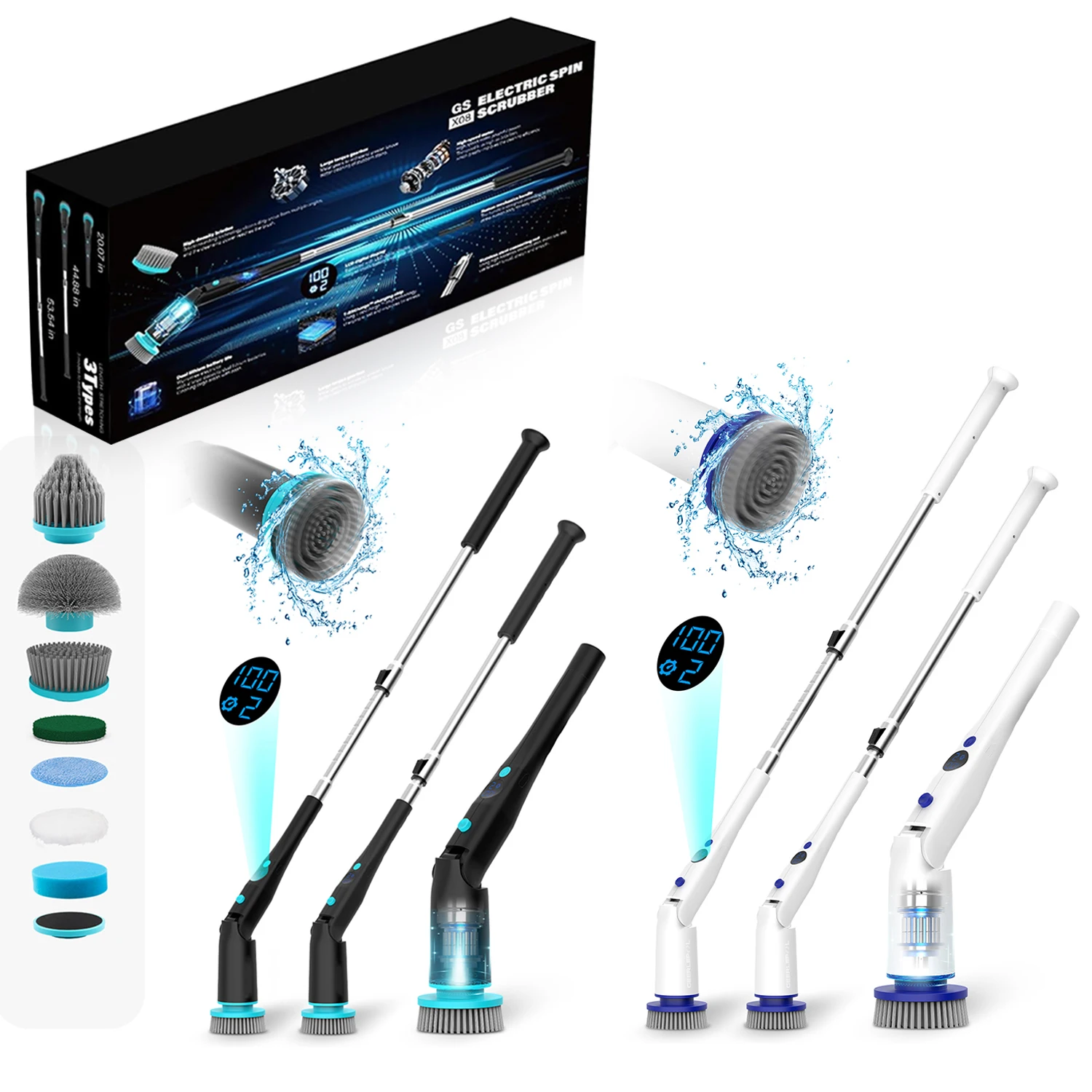 7 in 1 Waterproof Electric Cleaning Brush Cordless Shower Scrubber with Adjustable Handle Dual Speed for Cleaning Bathroom