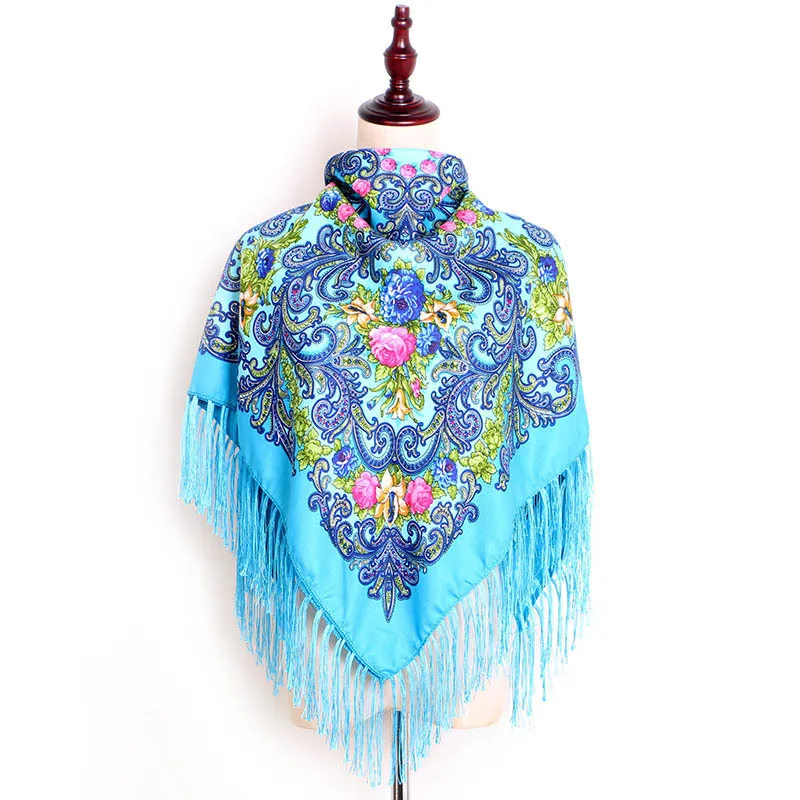 Top Selling Polyester Lurex Ladies Pashmina Russia Flower Printing Cotton Shawl Tassel Scarfs for Winter
