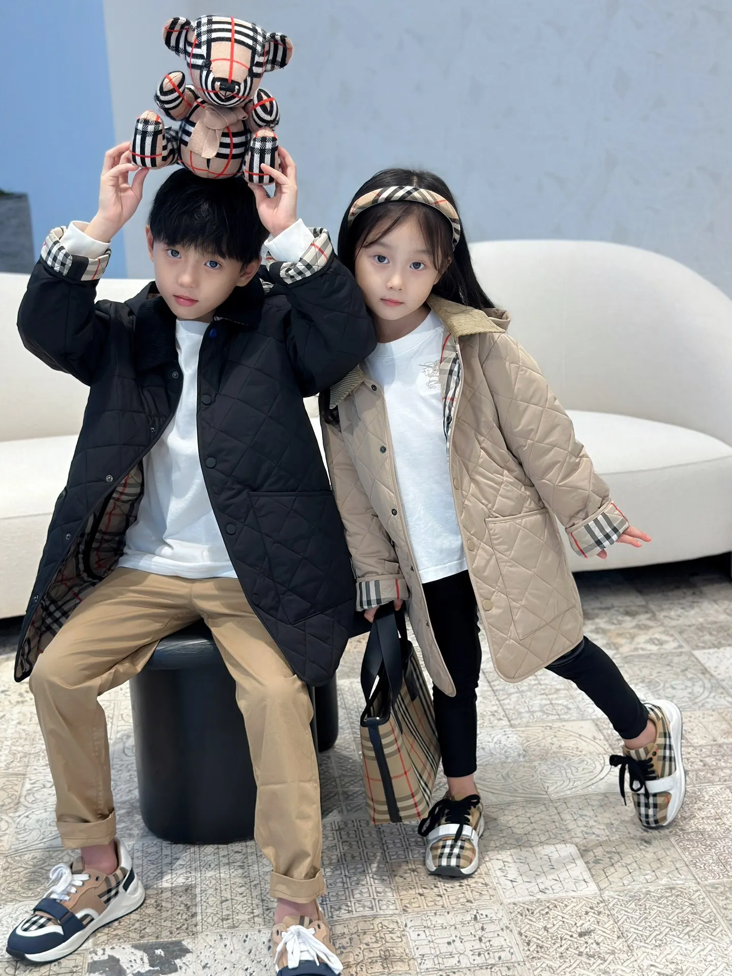 RUNTEN 2024 Design Autumn Winter Clothes New Cotton kids Coat Thickened Rhombic Plaid Two-sided boys and girls Coat