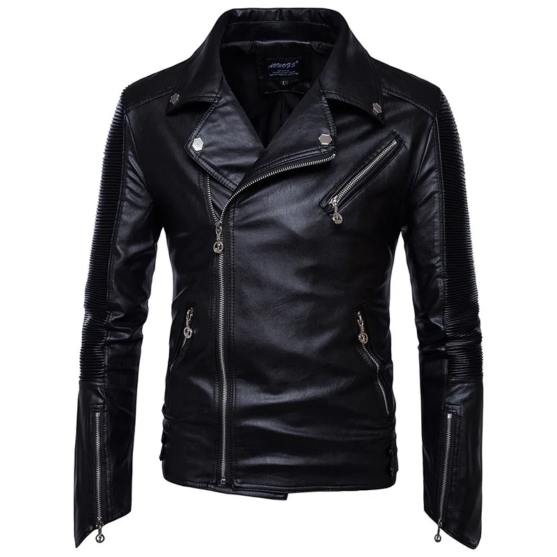 Fall Mens Leather Jackets with Irregular Zipper Cuff Classic Black Faux Leather Slim Fit Lapel Asymmetric Oblique Zip PU Jacket