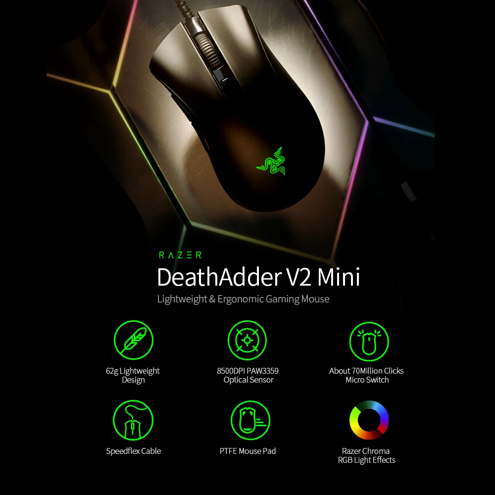 Hot Original Razer DeathAdder V2 MINI Wired Gaming Mouse 8500DPI Optical Chroma RGB Mice 6 Programmable Buttons Ergonomic