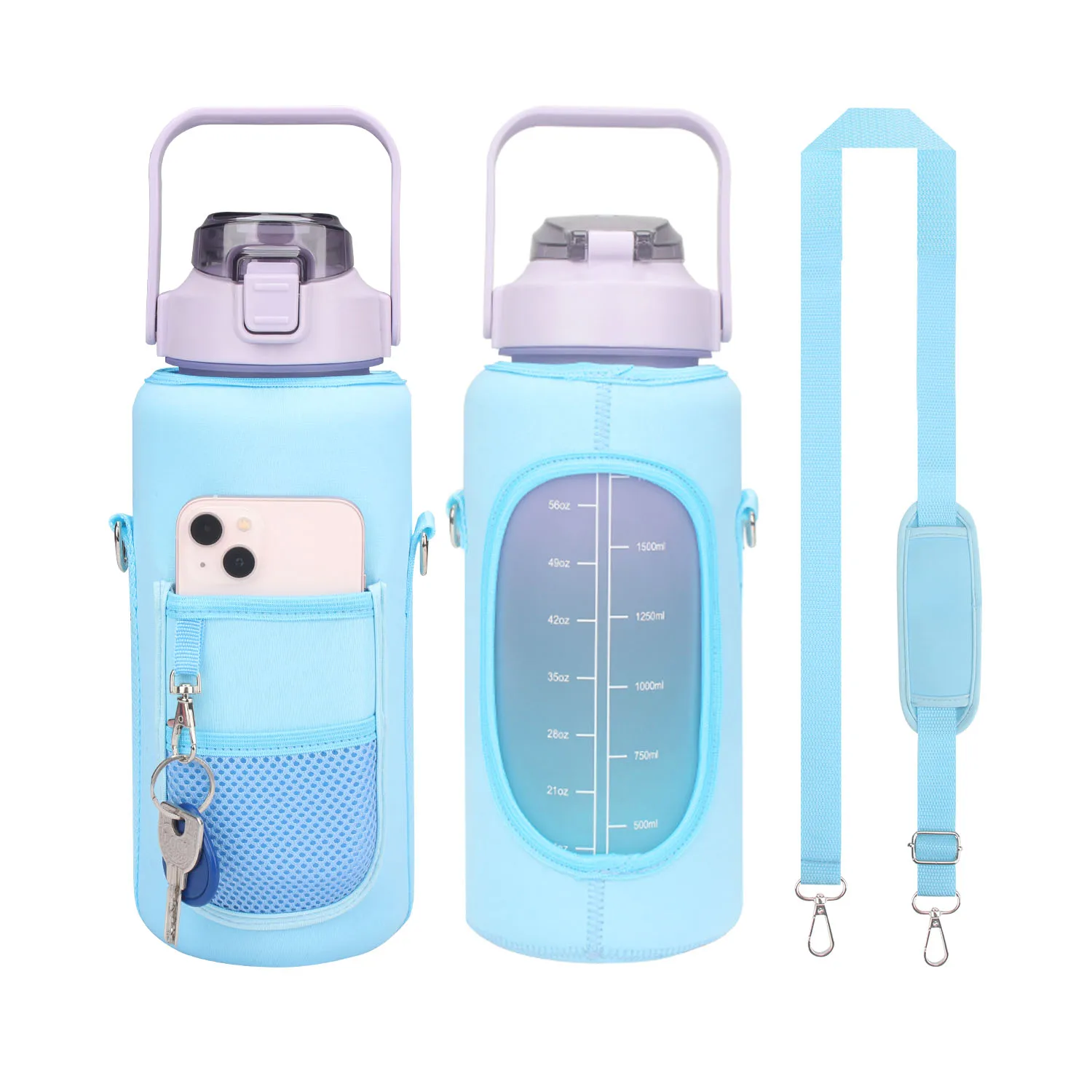 Half Gallon 64oz/2L Protective Water Bottle Carrier with Strap and Cellphone Holder Water Bottle Sleeve Cover
