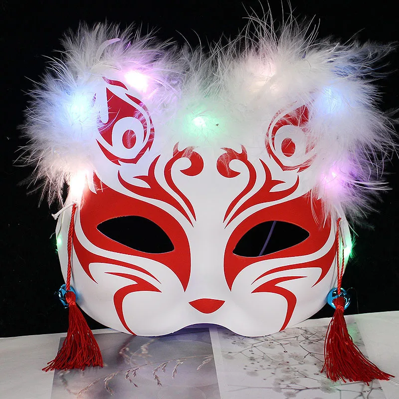 Halloween Gift Anime Party 3D Glowing Feathers led Half Face Cat Fox Animal Party Masks