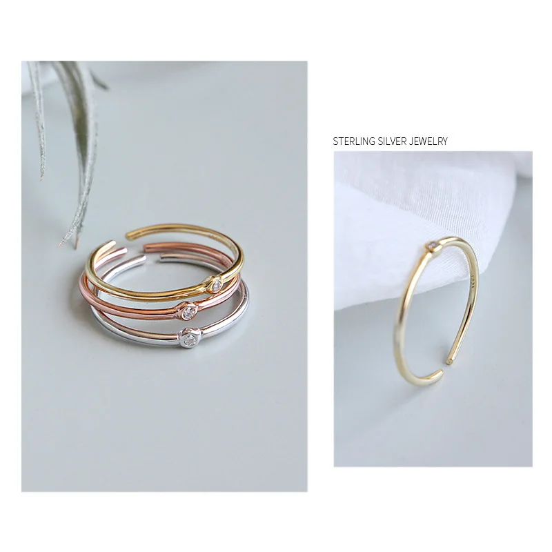 HJZ345 Simple Thin Diamond style Stacking Ring Sterling Silver adjustable Tricolor Minimalist ring