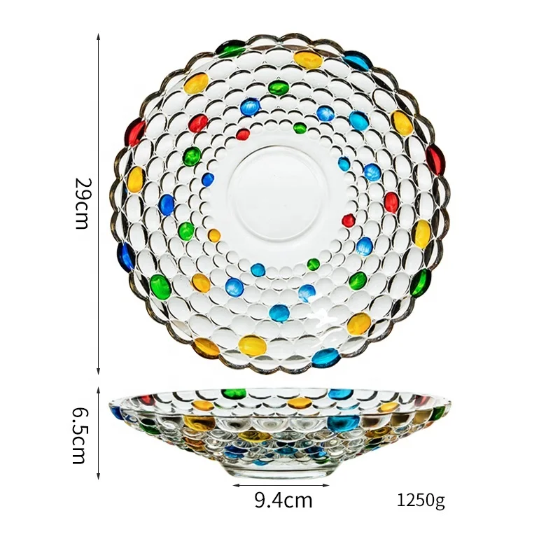 Vintage Hand Painted Crystal Glass Plate Luxurious Embossed Rainbow Fruit Dessert Plate