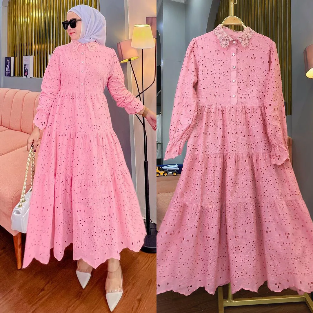Eid Lace Floral Women Muslim Robe Bohemian Vintage Abaya Dubai Dresses Long Sleeve Loose Long Turkish Islamic Dresses