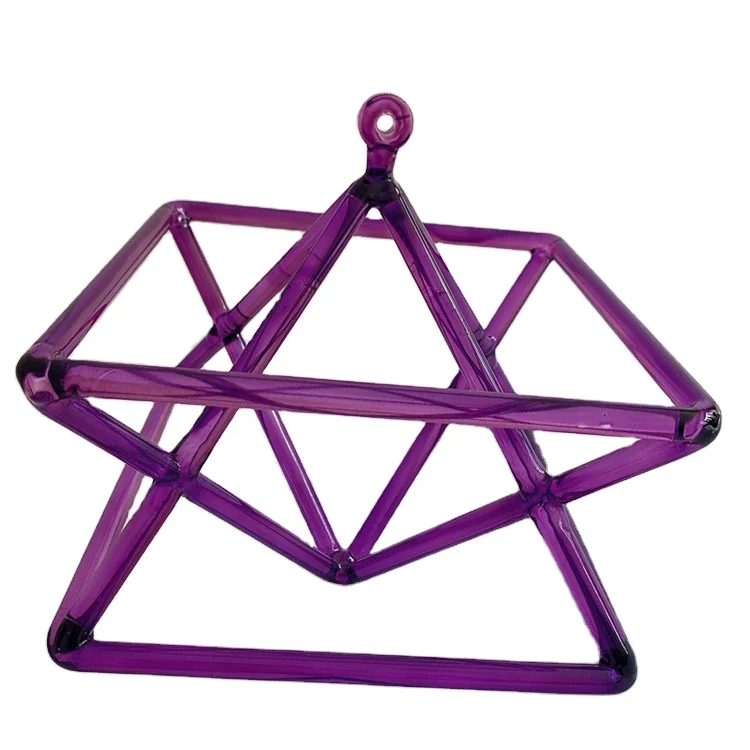6 inch Merkaba Purple Clear Crystal Singing Pyramid for Healing Energy with String and Crystal Wand