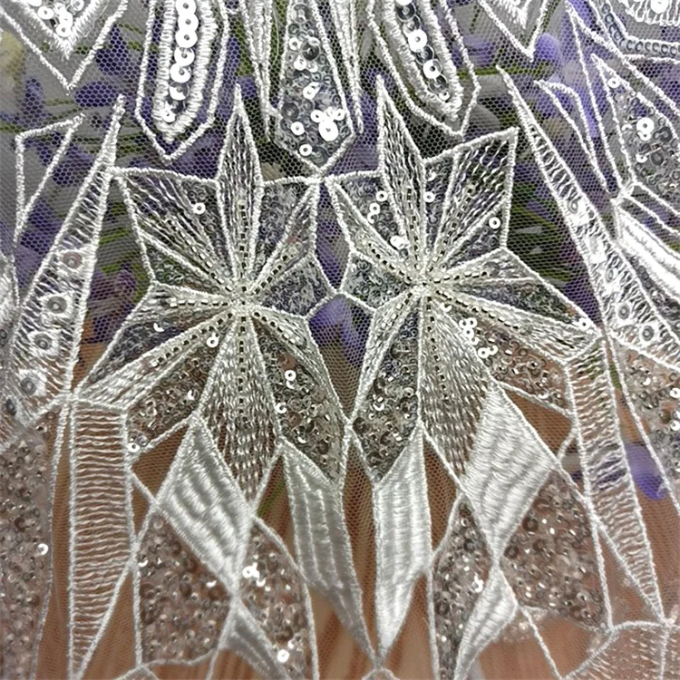 Customized High Quality Fashion Style Design Fancy Diamond Pattern Embroidery Lace Fabric With Sequin