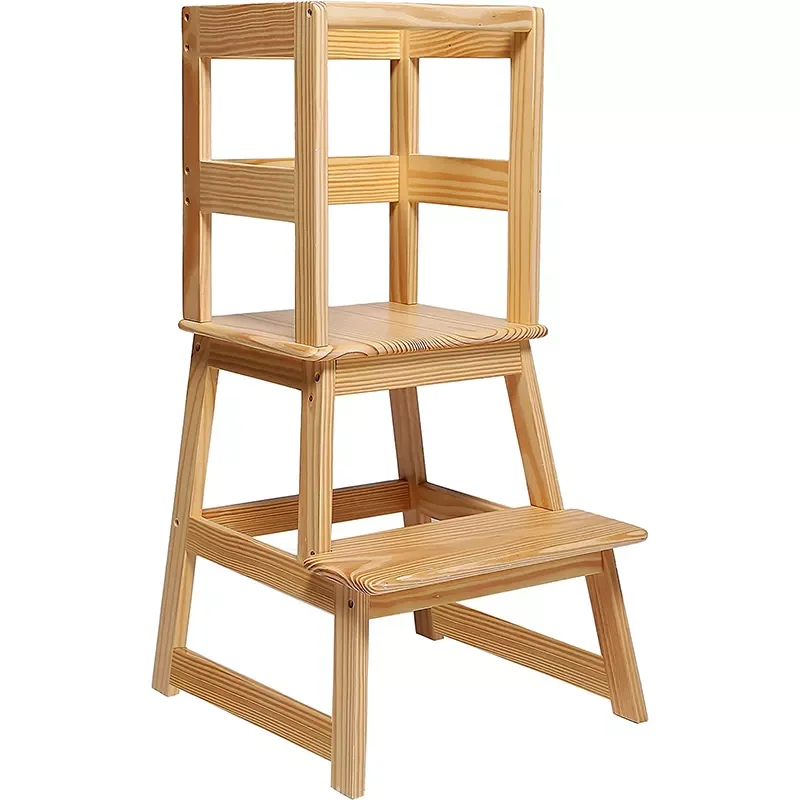 Kids Step Stool with Safety Rail,Wooden Toddler Standing Tower Natural Solid Wood Construction Learning tower