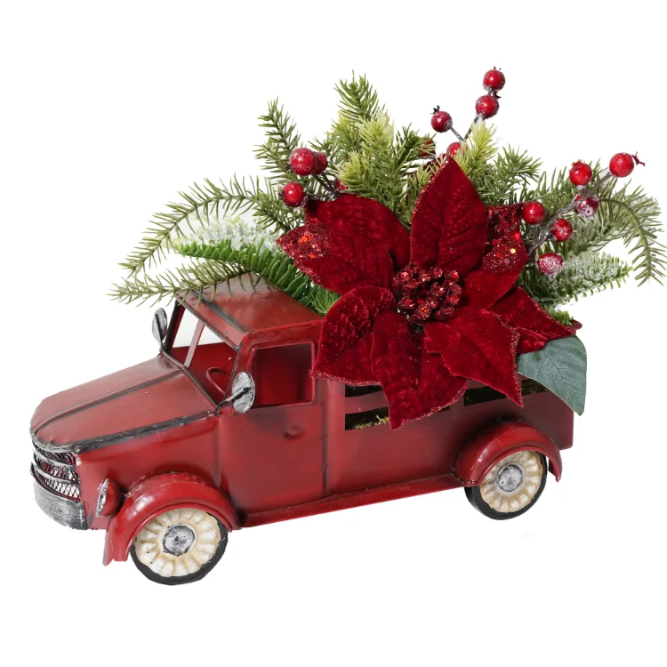 Metal Model Truck Christmas Decoration New Product Ideas 2022 Christmas Tree Red Vintage Christmas Truck Desktop Ornament