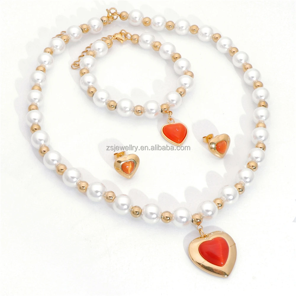 Stainless Steel Women Pearl Stone Brand Gold Plated 18K Custom Watch Zirconia Dubai Indian Jewelry Set