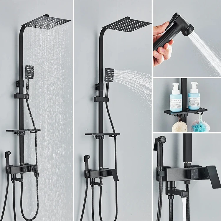 Luxury Square Bathroom Shower Faucet 4 Way Rainfall Shower System Stainless Steel 304 Black Shower Set