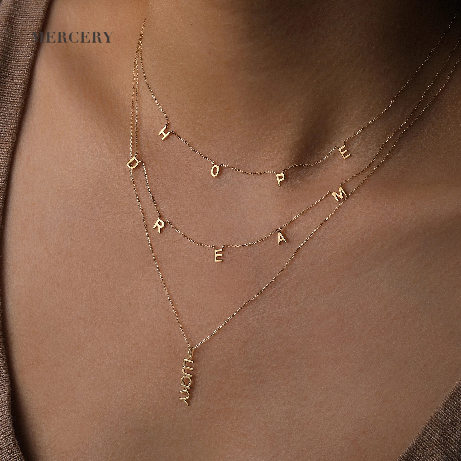 Mercery Jewellery Word Pendant Real Gold 18K Customized Different Font Letter 14K Solid Gold Lucky Initial Necklace
